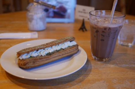 Matcha éclair and iced chocolate
