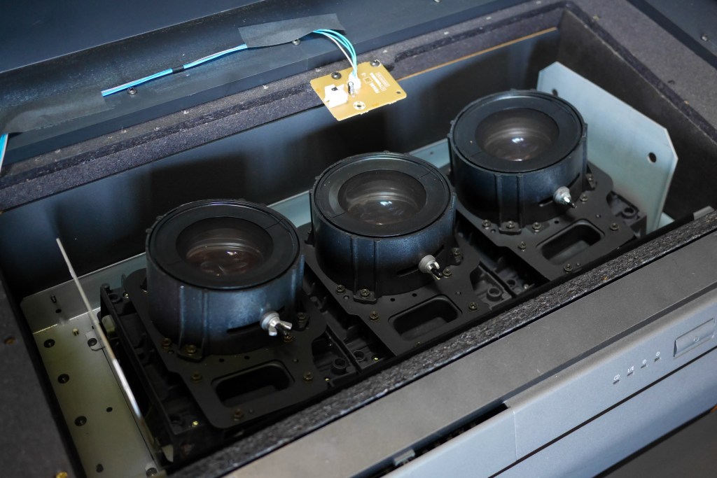 The lenses in situ, on top of the CRTs